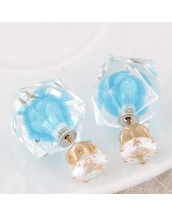 Candy Color Ball Inlaid Irregular Cubic Ear Studs - Blue