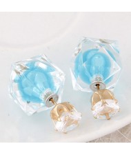 Candy Color Ball Inlaid Irregular Cubic Ear Studs - Blue