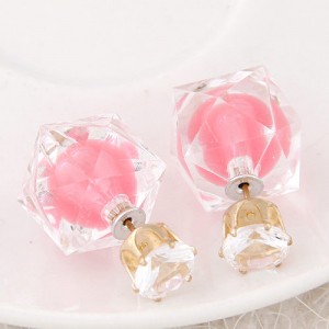 Candy Color Ball Inlaid Irregular Cubic Ear Studs - Pink