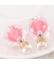 Candy Color Ball Inlaid Irregular Cubic Ear Studs - Pink