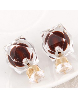 Candy Color Ball Inlaid Irregular Cubic Ear Studs - Coffee