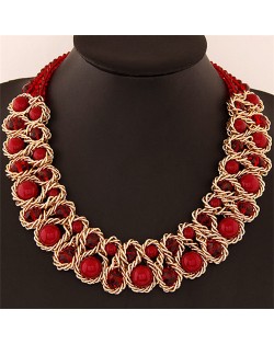 Crystal and Pearl Inlaid Metallic Wire Weaving Statement Necklace - Red