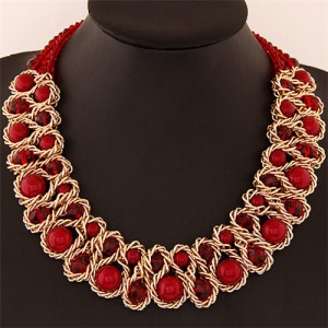 Crystal and Pearl Inlaid Metallic Wire Weaving Statement Necklace - Red