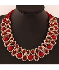 Crystal and Pearl Inlaid Metallic Wire Weaving Statement Necklace - Red