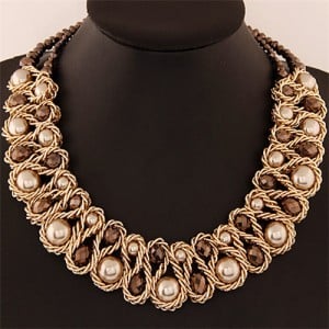 Crystal and Pearl Inlaid Metallic Wire Weaving Statement Necklace - Brown