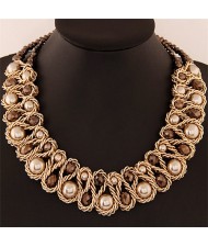 Crystal and Pearl Inlaid Metallic Wire Weaving Statement Necklace - Brown