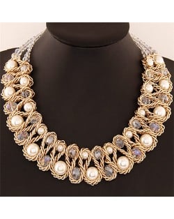 Crystal and Pearl Inlaid Metallic Wire Weaving Statement Necklace - White