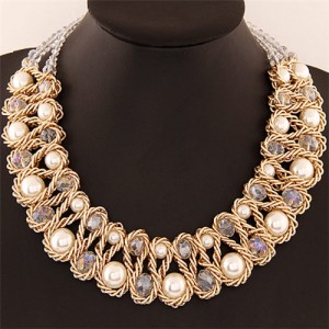 Crystal and Pearl Inlaid Metallic Wire Weaving Statement Necklace - White