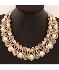 Crystal and Pearl Inlaid Metallic Wire Weaving Statement Necklace - White