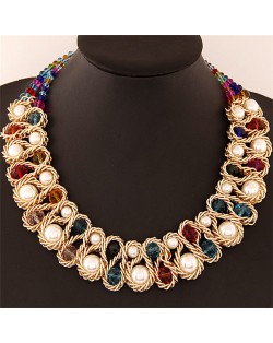 Crystal and Pearl Inlaid Metallic Wire Weaving Statement Necklace - Multicolor