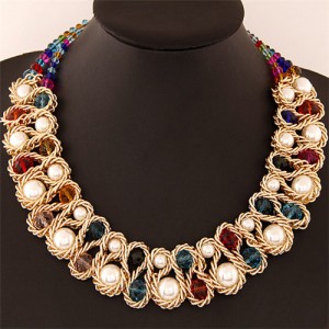 Crystal and Pearl Inlaid Metallic Wire Weaving Statement Necklace - Multicolor