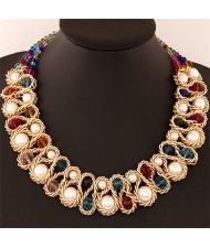 Crystal and Pearl Inlaid Metallic Wire Weaving Statement Necklace - Multicolor