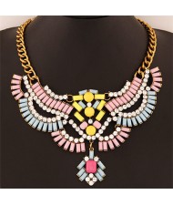 Resin and Acrylic Gems Jointed Fashion Design Short Statement Necklace - Pink