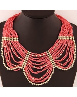 Fashionable Multiple Layers Mini Beads Design Costume Short Necklace - Pink