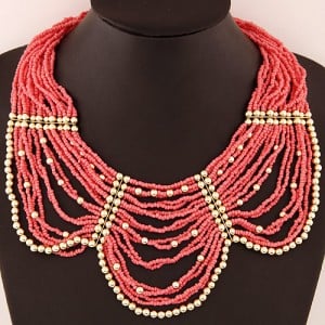 Fashionable Multiple Layers Mini Beads Design Costume Short Necklace - Pink