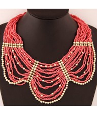 Fashionable Multiple Layers Mini Beads Design Costume Short Necklace - Pink