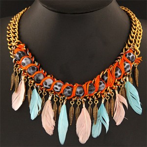 Leopard Prints Balls Decorated with Feather Pendants Design Statement Fashion Necklace