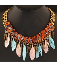 Leopard Prints Balls Decorated with Feather Pendants Design Statement Fashion Necklace