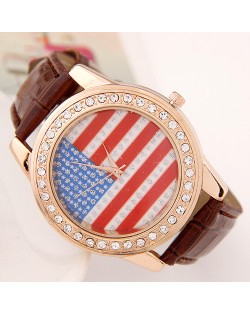 Shining Jewel Fashion USA National Flag Theme Wrist Watch - Brown