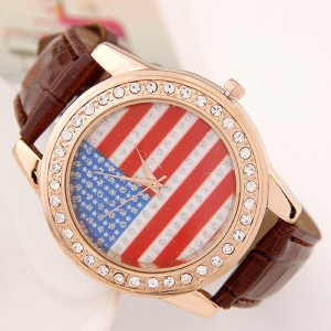 Shining Jewel Fashion USA National Flag Theme Wrist Watch - Brown