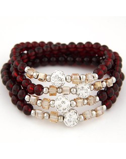 Fair Maiden Fashion Rhinestone Beads Decorated Four Layers Crystal Beads Bracelet - Red Wine