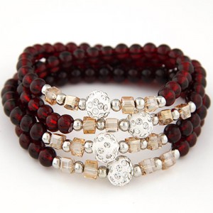 Fair Maiden Fashion Rhinestone Beads Decorated Four Layers Crystal Beads Bracelet - Red Wine