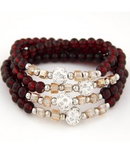 Fair Maiden Fashion Rhinestone Beads Decorated Four Layers Crystal Beads Bracelet - Red Wine