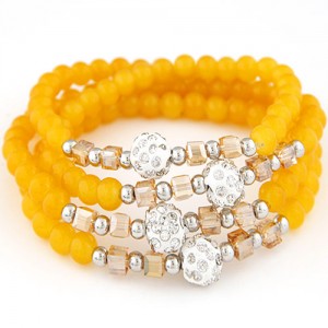 Fair Maiden Fashion Rhinestone Beads Decorated Four Layers Crystal Beads Bracelet - Yellow