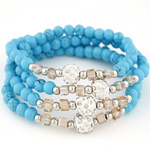 Fair Maiden Fashion Rhinestone Beads Decorated Four Layers Crystal Beads Bracelet - Blue