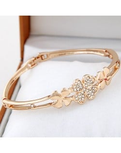 Czech Rhinestone Embellished Triple Clovers Golden Bangle