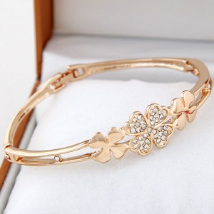 Czech Rhinestone Embellished Triple Clovers Golden Bangle