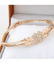 Czech Rhinestone Embellished Triple Clovers Golden Bangle