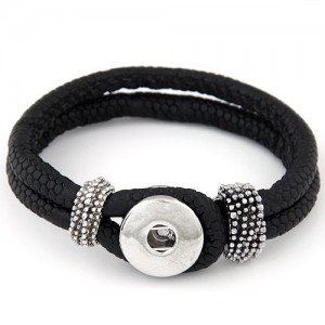 Studs and Button Decoration Design Snakeskin Texture Leather Bracelet - Black