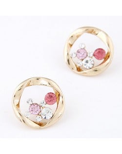 Korean Fashion Czech Stones Inlaid Garland Design Ear Studs - Pink