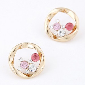 Korean Fashion Czech Stones Inlaid Garland Design Ear Studs - Pink