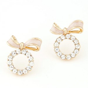 Cute Bowknot Decorated Czech Rhinestone Garland Design Ear Studs - Pink