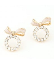 Cute Bowknot Decorated Czech Rhinestone Garland Design Ear Studs - Pink