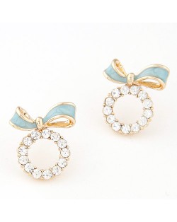 Cute Bowknot Decorated Czech Rhinestone Garland Design Ear Studs - Blue