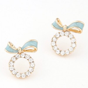 Cute Bowknot Decorated Czech Rhinestone Garland Design Ear Studs - Blue