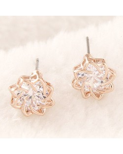 Korean Fashion Transparent Gem Inlaid Revolving Pattern Flower Ear Studs - Champagne Gold