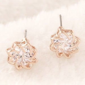 Korean Fashion Transparent Gem Inlaid Revolving Pattern Flower Ear Studs - Champagne Gold