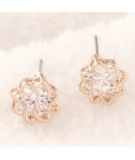 Korean Fashion Transparent Gem Inlaid Revolving Pattern Flower Ear Studs - Champagne Gold