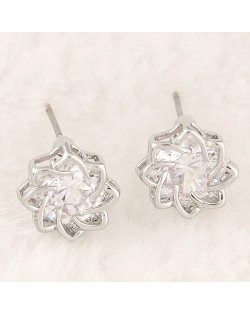 Korean Fashion Transparent Gem Inlaid Revolving Pattern Flower Ear Studs - Silver
