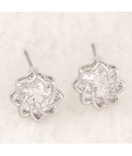Korean Fashion Transparent Gem Inlaid Revolving Pattern Flower Ear Studs - Silver