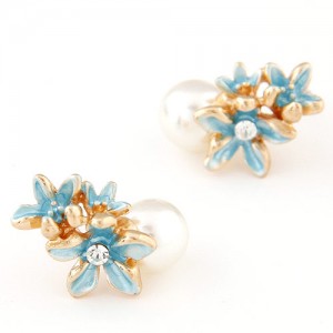 Vivid Flowers Sweet Pearl Fashion Ear Studs - Blue