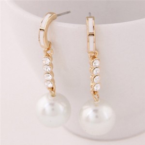 Elegant Czech Rhinestone Decorated Dangling Pearl Ball Ear Studs
