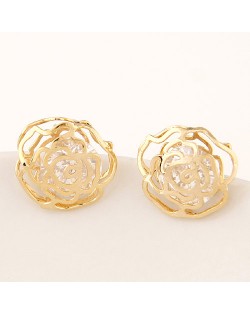Korean Fashion Czech Rhinestone Embedded Hollow Rose Design Ear Studs - Golden