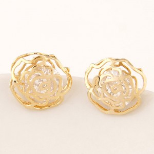 Korean Fashion Czech Rhinestone Embedded Hollow Rose Design Ear Studs - Golden