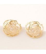 Korean Fashion Czech Rhinestone Embedded Hollow Rose Design Ear Studs - Golden