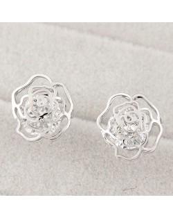 Korean Fashion Czech Rhinestone Embedded Hollow Rose Design Ear Studs - Silver